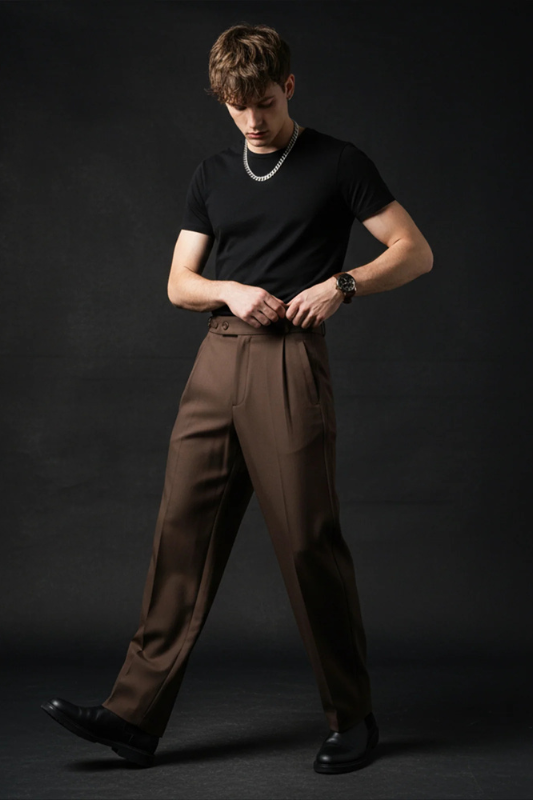 Wellington Side-Tab Trousers- Coffee