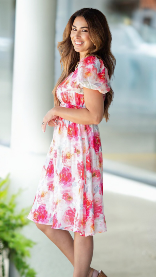 Watercolor Floral Puff Sleeve Dress