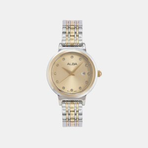 Fashion Women Quartz Champagne Dial Analog Stainless Steel Watch AH7EA4X1